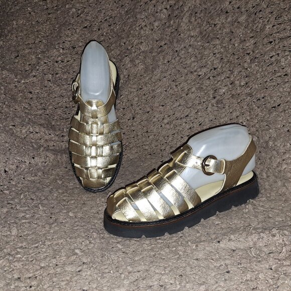 ANTHROPOLGIE-Gold Leather Fisherman Sandals-Lined-Size 38-New/No Box - Picture 1 of 7